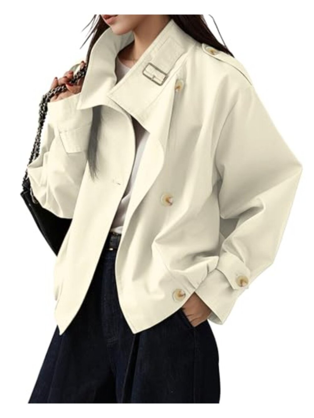 Women's Cropped Trench Coat Funnel Neck Lightweight Casual Jacket